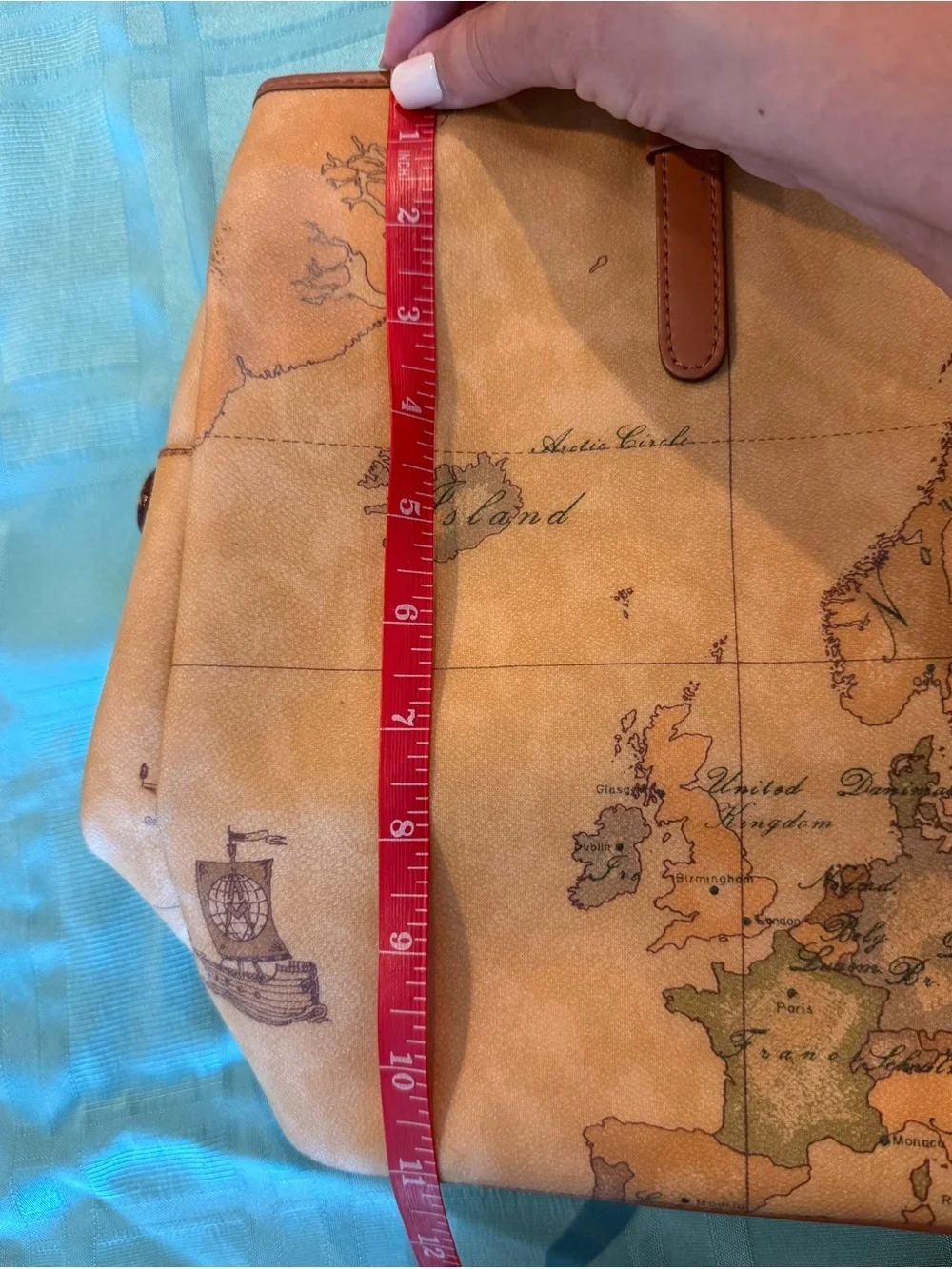 Alviero Martini Vintage Map Print Leather Laptop Tote in Tan
